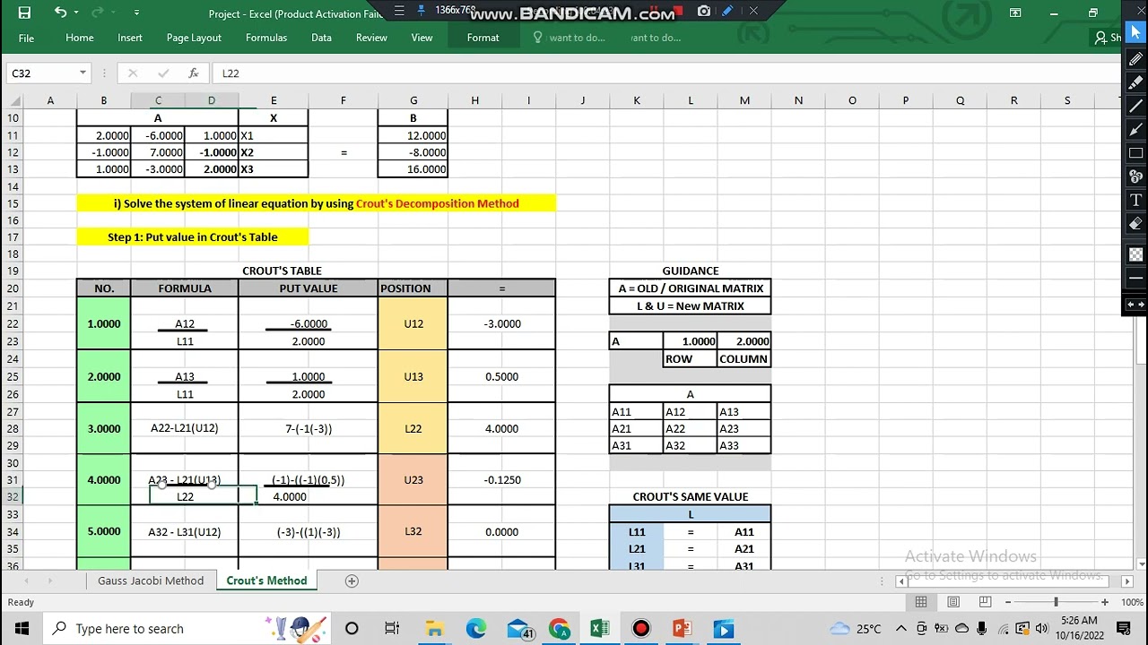 Solving Crout's Method Using Excel