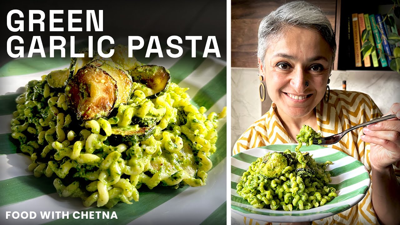 Green garlic pasta with homemade pesto!