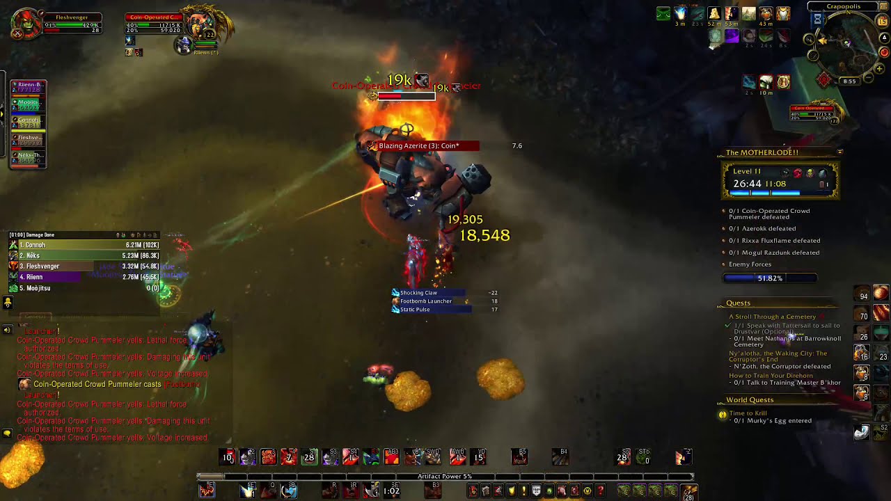 WoW BFA Motherloade Mythic plus 11 keystone. 461Ilvl Fury Warrior POV