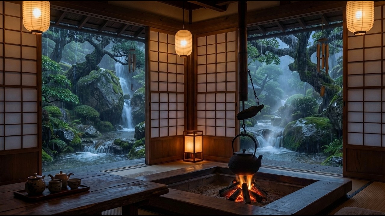 Japanese Rain & Waterfall Ambience 🍃🔥 | Zen Tea House 4K | 2 Hours of Deep Calm