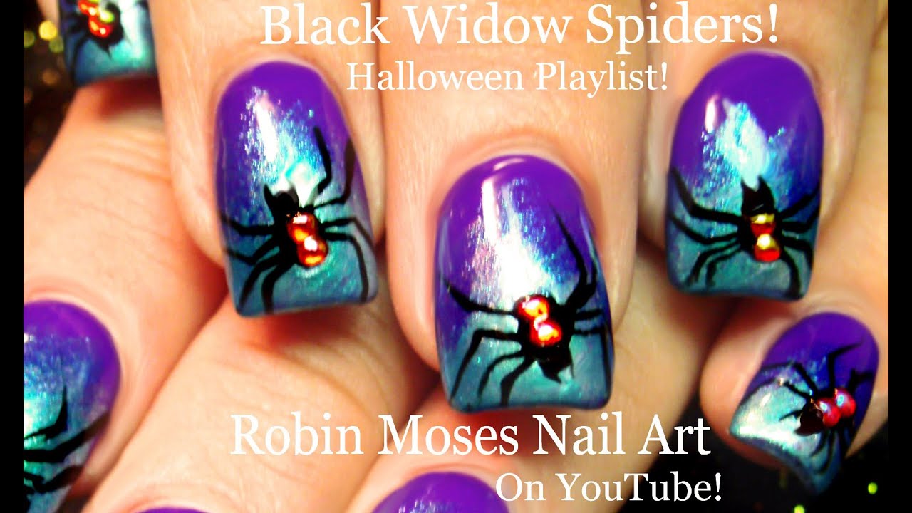 Halloween Nails | Cute Black Widow Spiders Nail Art Design Tutorial