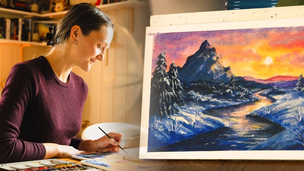 A Peaceful Winter Evening | Real-Time Watercolor for Beginners | World of Calm & Quiet in IMOVARA