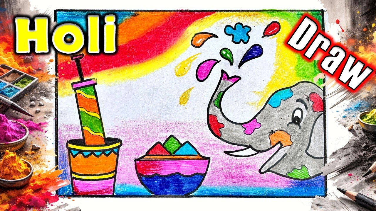 Cute Elephant Playing Holi | Easy Colorful Drawing for Beginners 🐘🌈