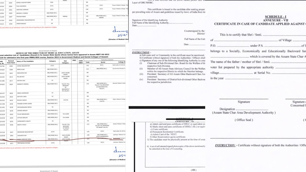 Information regarding special sub quota under OBC ncl ||annexures for NEET ASSAM.