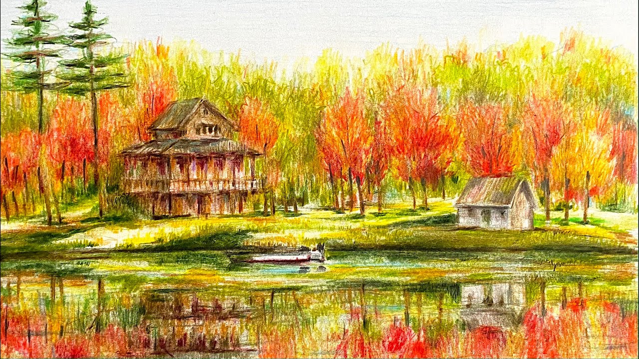 Drawing autumn Vermont / Lake scenery with wooden house