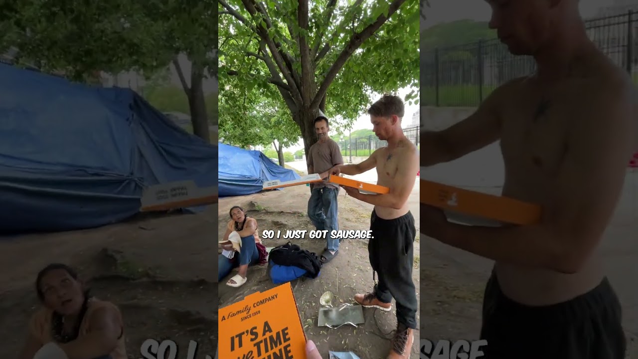 Giving Pizza to Homeless and Helping Set Up a Tent!