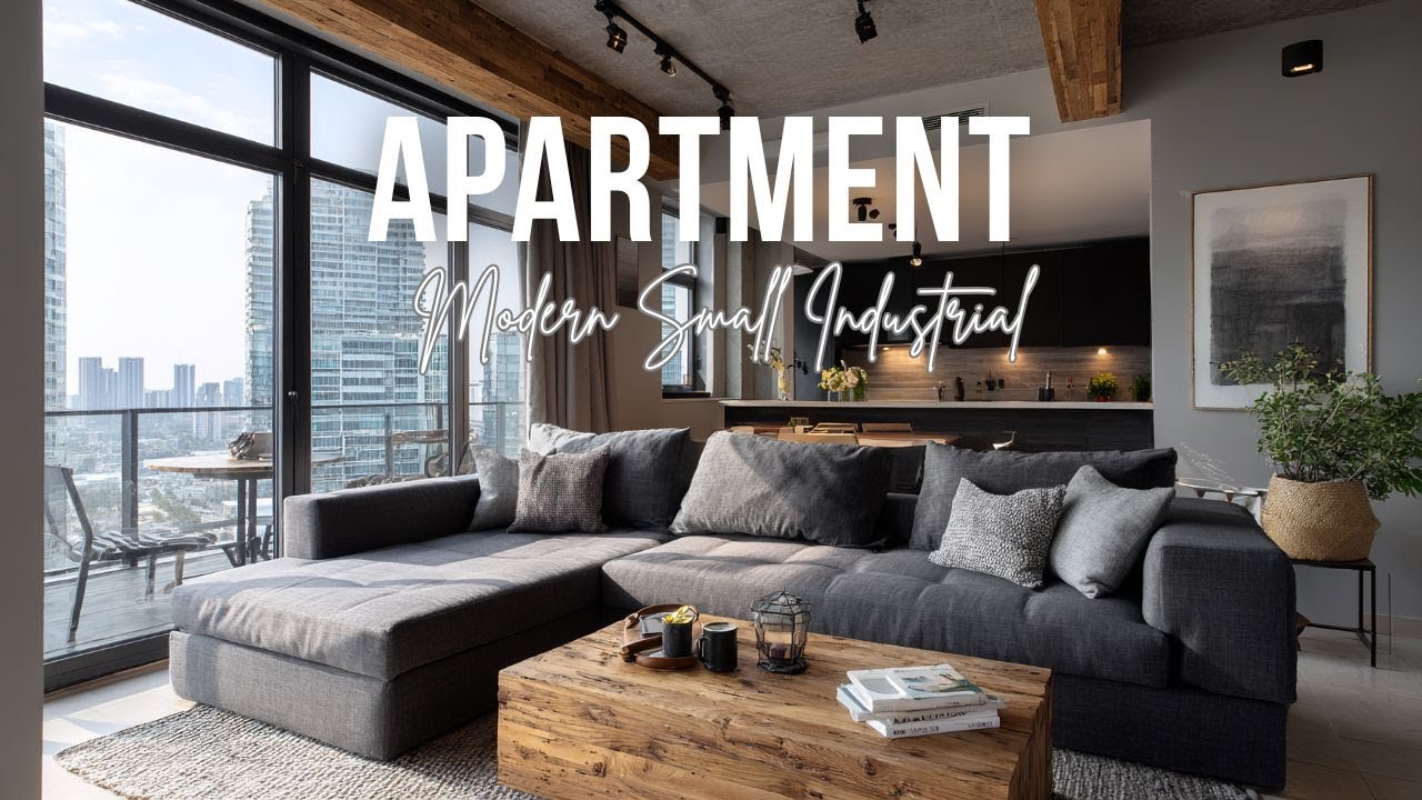 Modern Small Industrial Apartment with cement gray black accents and cozy wood