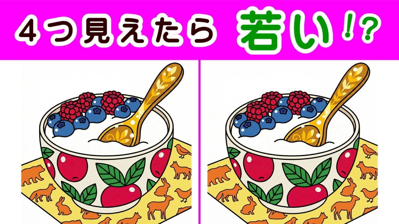 【間違い探し・４箇所】 最後は激ムズ！ 徐々に難しくなる脳トレ問題で注意力アップ！ ２０個全部見つけられれば脳年齢３５才！？#547