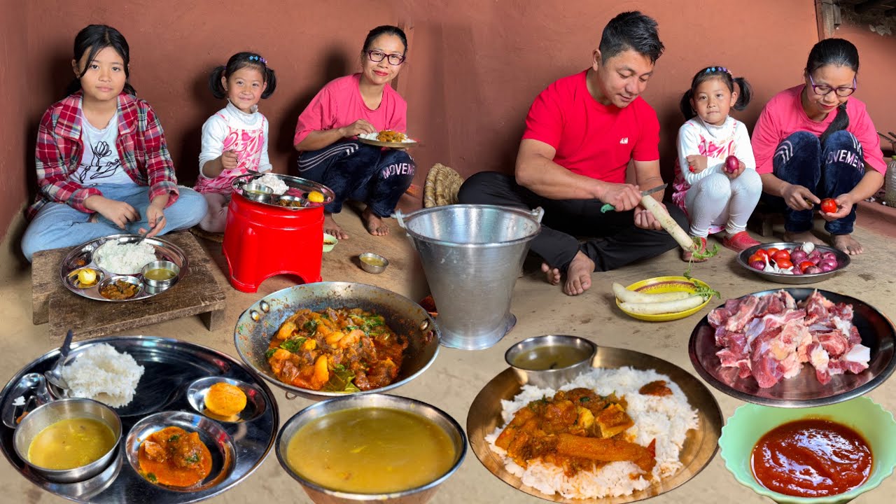 Traditional Nepali Village Meat Curry : Buff & Radish mix Curry, Dal with Rice Cooking in Village