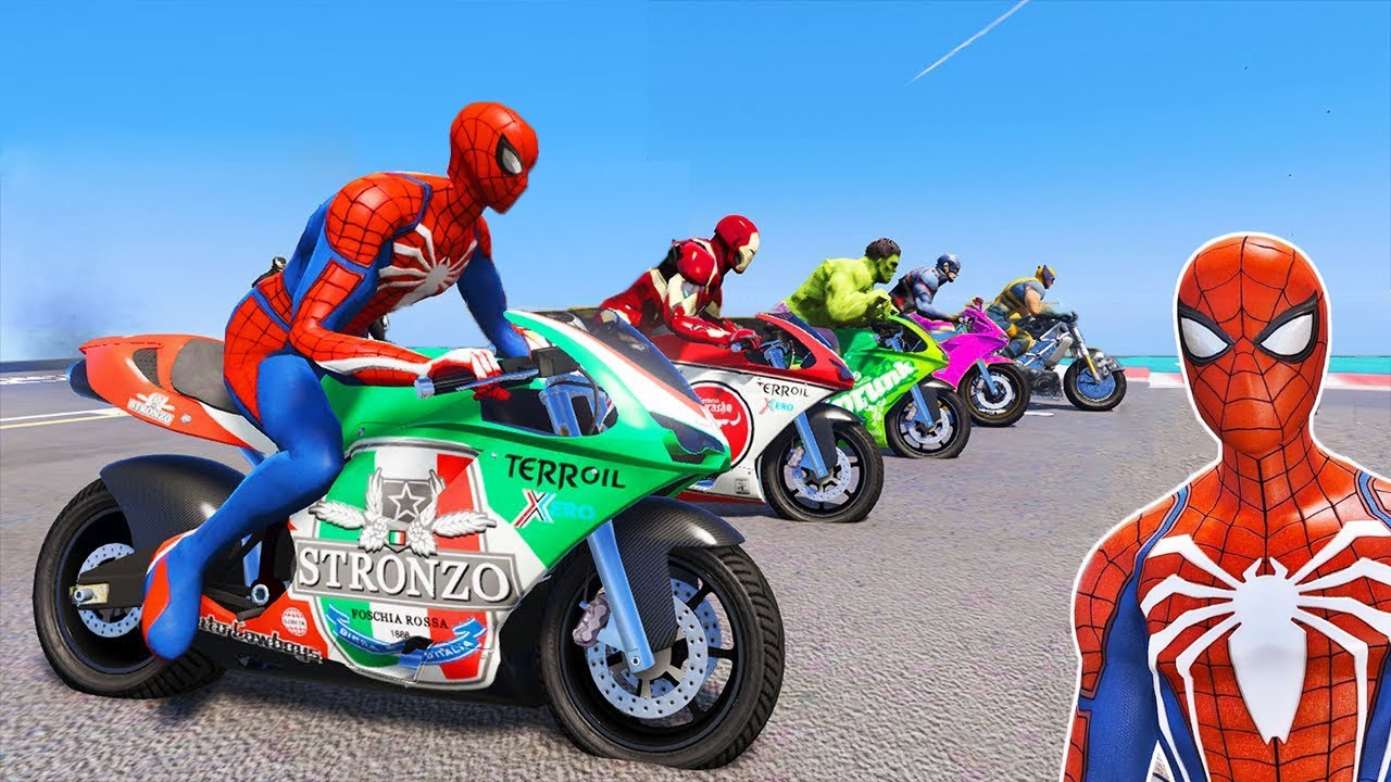 SPIDERMAN and Superheroes Motorcycles Challenge Obstacle Course- GTA 5