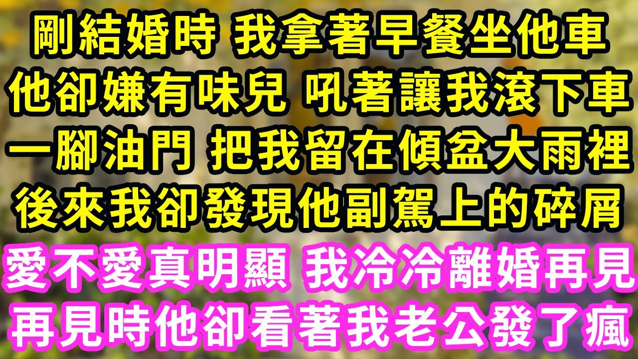 剛結婚時 我拿著早餐坐他車，他卻嫌有味兒 吼著讓我滾下車，一腳油門 把我留在傾盆大雨裡，後來我卻發現他副駕上的碎屑，愛不愛真明顯 我冷冷離婚再見，再見時他卻看著我老公發了瘋#甜寵#灰姑娘#霸道總裁