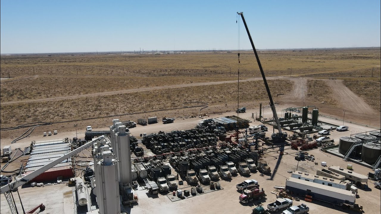 Aerial view of Oil & Gas Well Site During Completions -  Frac Operations - New Mexico, USA