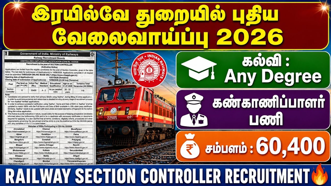 🚆 இரயில்வே துறையில் புதிய வேலைவாய்ப்பு 2026 😍 | RRB Section Controller Recruitment 2026 | RRB JOBS