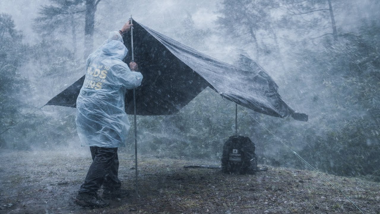 SOLO CAMPING IN LONG HEAVY RAIN WITH STRONG WIND