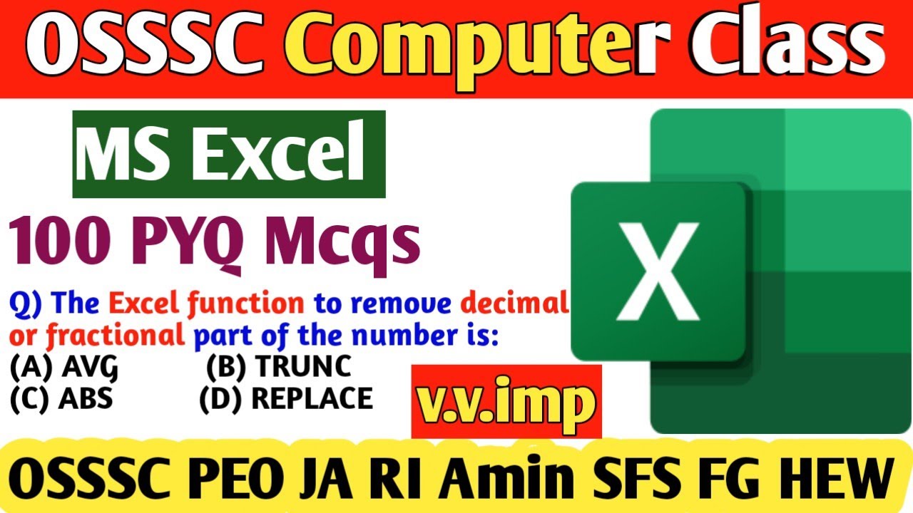 MS Excel 100 Previous year Question//Computer class for OSSSC PEO JA RI ARI AMIN SFS FG AS Exam 2023