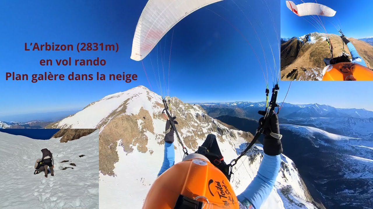 Vol rando PARAPENTE à l'ARBIZON (2831m). La GALERE en conditions hivernales, atterrissage pourri.