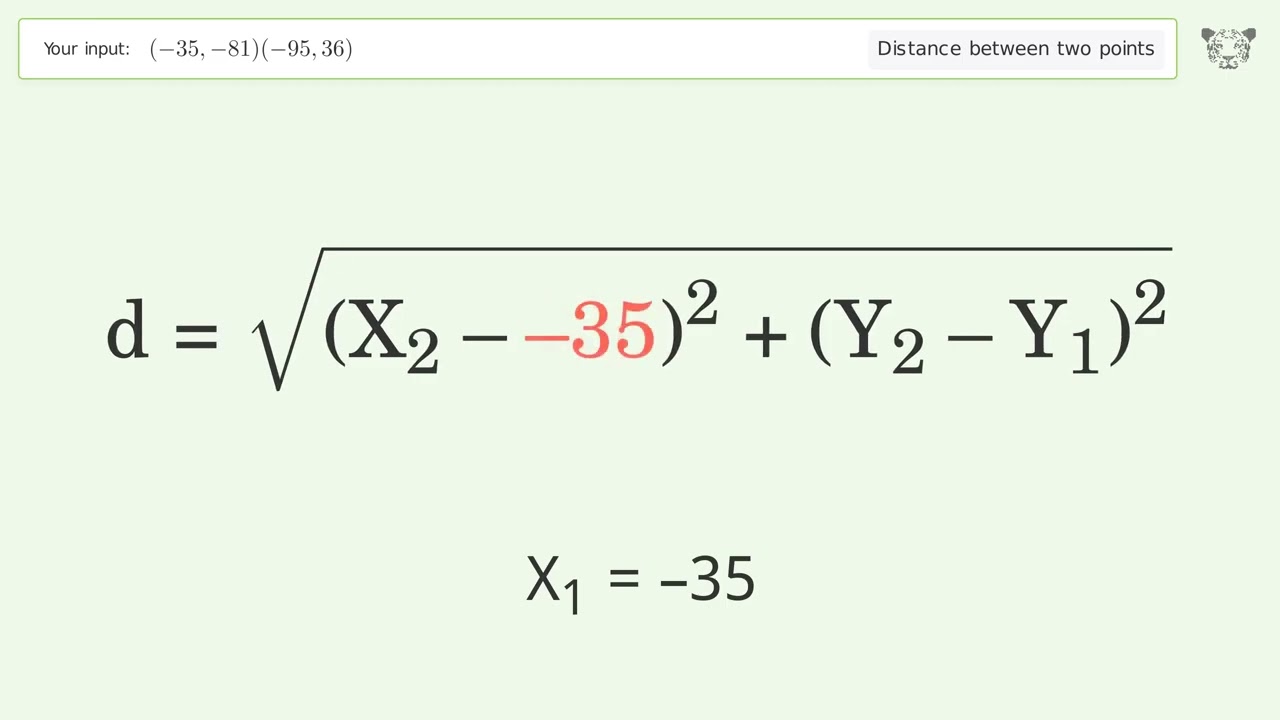 Find the distance between two points p1 (-35,-81) and p2 (-95,36): Step-by-Step Video Solution