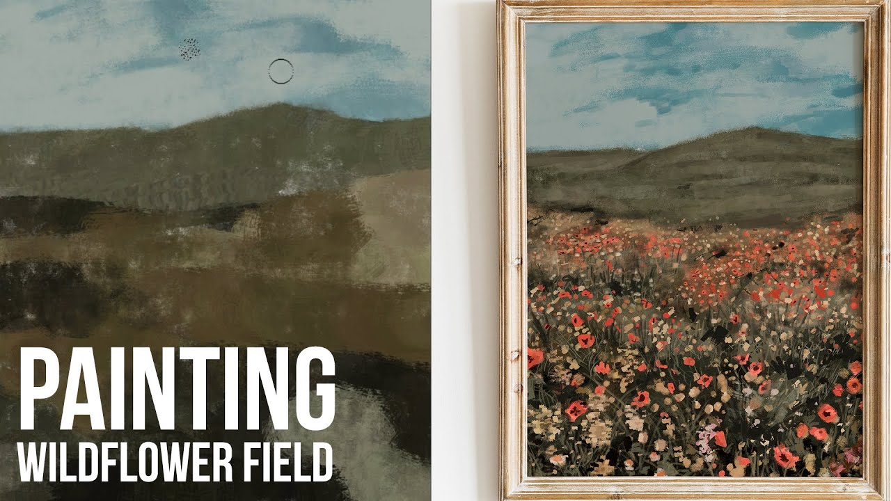 Vintage wildflower field landscape painting - Digital wall art prints