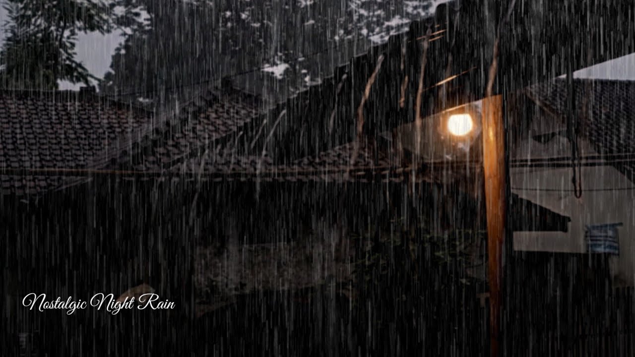 Nostalgic Night Rain on Rural Clay Tile Roof