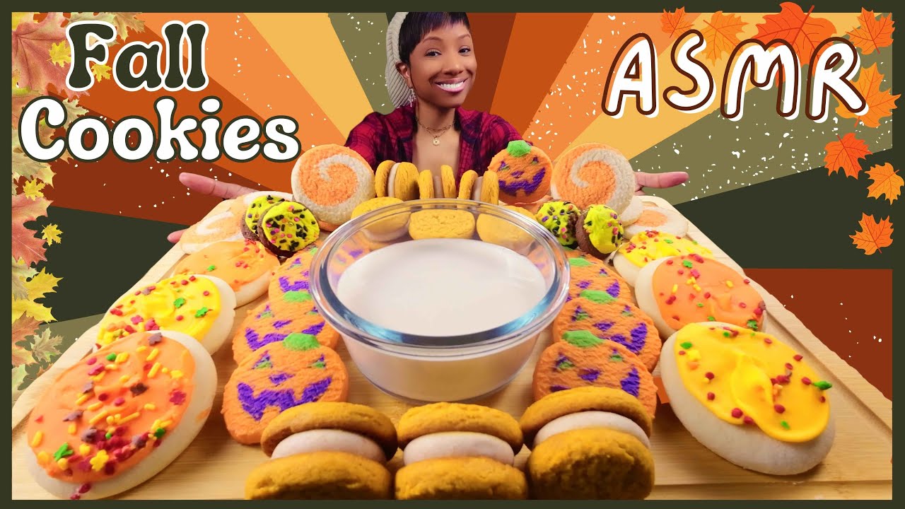 ASMR | MUKBANG EATING FALL COOKIES AND MILK | SUGAR COOKIES | PUMPKIN COOKIES | CHOCOLATE COOKIES