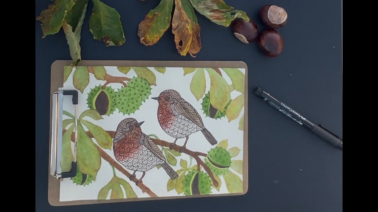 Robins in chestnut tree 🪶 pattern doodle on watercolor painting - relaxing lofi music