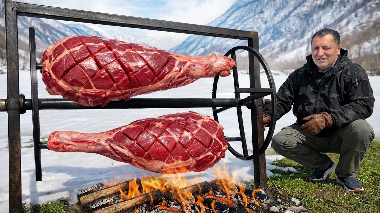 Roasting Two GIANT Juicy Beef Legs On A Rotating Grill!
