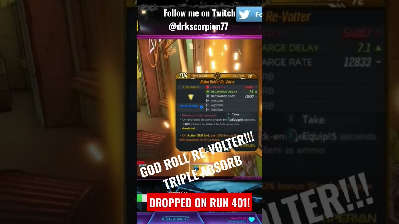 God Roll Triple Absorb Re-Volter drop at 401 runs!! #borderlands3 #shorts