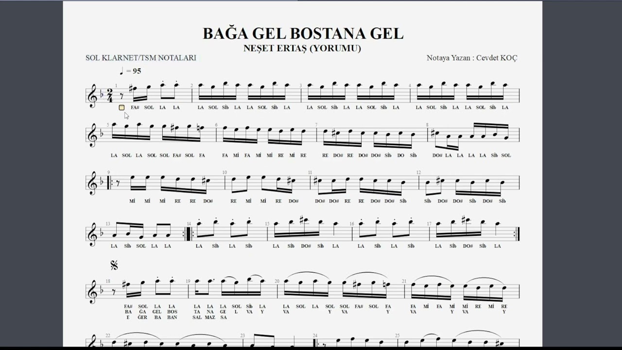 BAĞA GEL BOSTANA GEL -   NEŞET ERTAŞ NOTA SOLFEJ