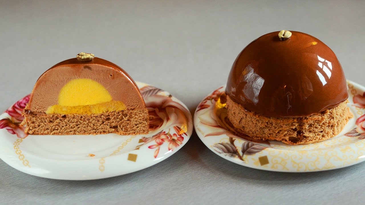 Chocolate Espresso Mousse Cakes with Mango Filling and Chocolate Mirror Glaze