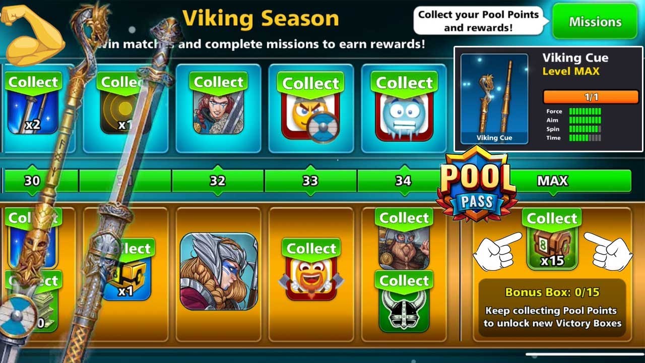 Unlock Viking Season Premium Rewards 😃 8 ball pool Pool Pass Max 😍 Cash Boxes Coins Cues
