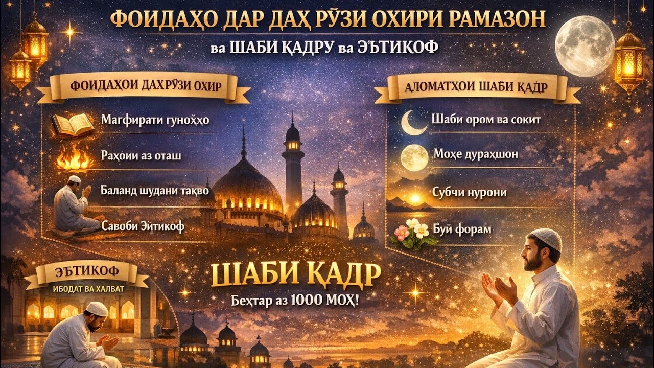 ФОИДАҲО дар ДАҲ РӮЗИ ОХИРИ РАМАЗОН ва ШАБИ ҚАДР ВА АЛОМАТҲОИ ОН. 