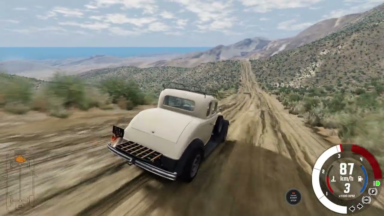 Um carro clássico em uma aventura pelas estradas rurais 