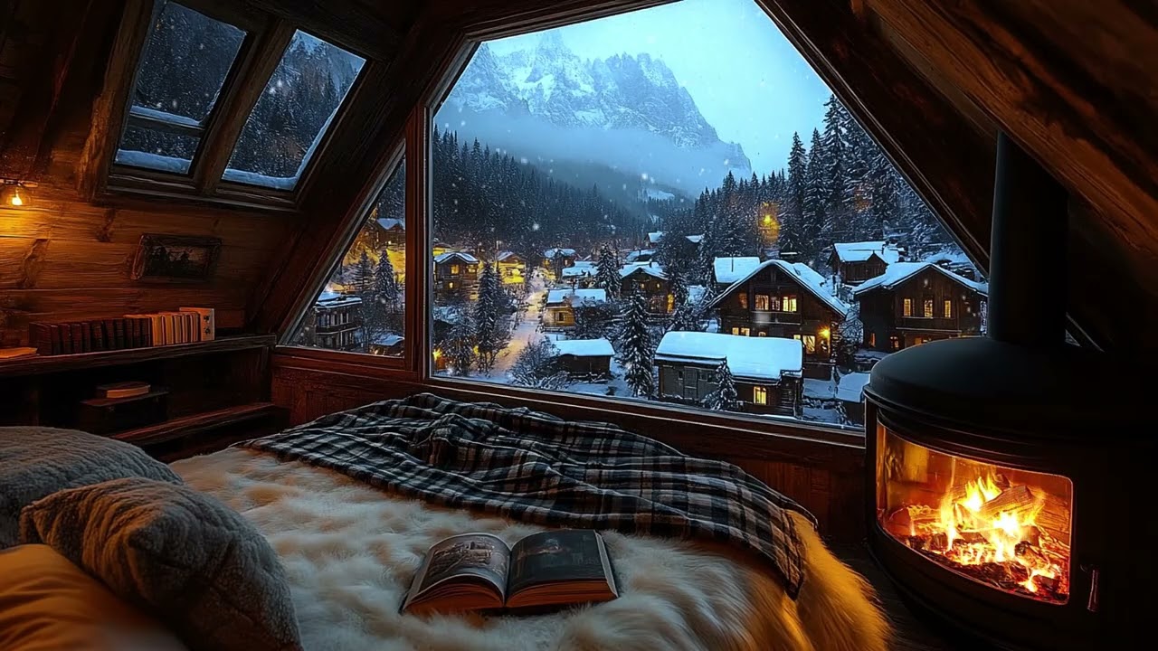 Peaceful Snowy Cabin Night 🔥 Gentle Firelight and Falling Snow Sounds for Calm Mind and Deep Rest
