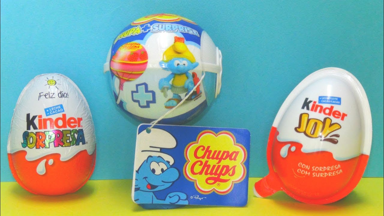 3 Surprise Eggs of  Kinder Joy, Chupa chups The Smurfs and Kinder surprise egg.