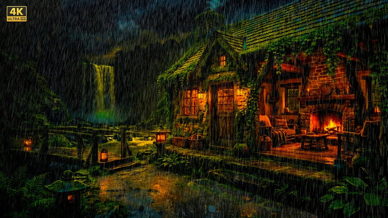 4K Rain Sounds on Roof & Fireplace Crackling 🌧️ White Noise for Sleep