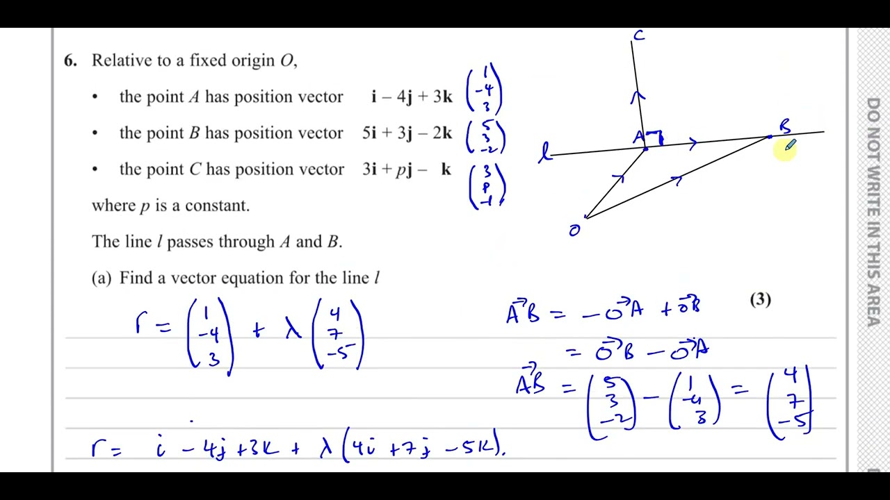 WMA14/01, IAL, (Edexcel), P4, June 2022, Q6, Vectors, Vector Equation of a Straight Line