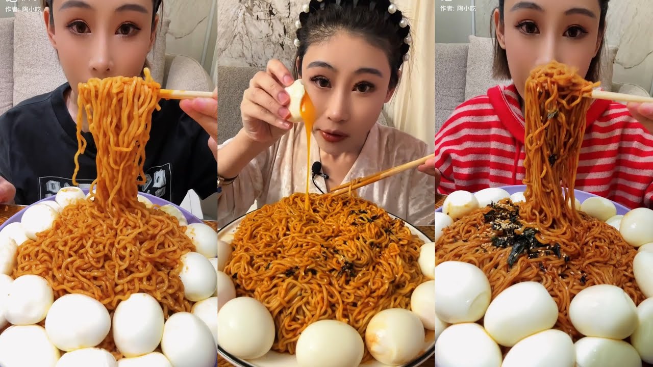 YUMM NOODLES | MUKBANG EATING SPICY FIRE NOODLES AND SOFT BOILED EGGS | ASMR SATISFYING