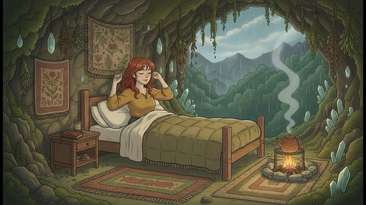 A Peaceful Night in a Hidden Forest Cave | Rain Sounds & Warm Light | Ghibli Style