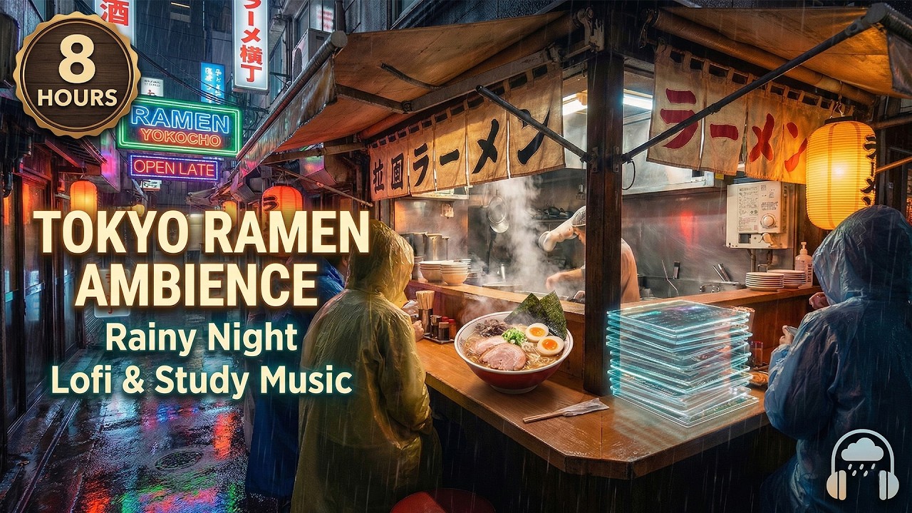 8 Hours of Rainy Tokyo Ramen Stand Ambience | Lofi & World Study Music compilation