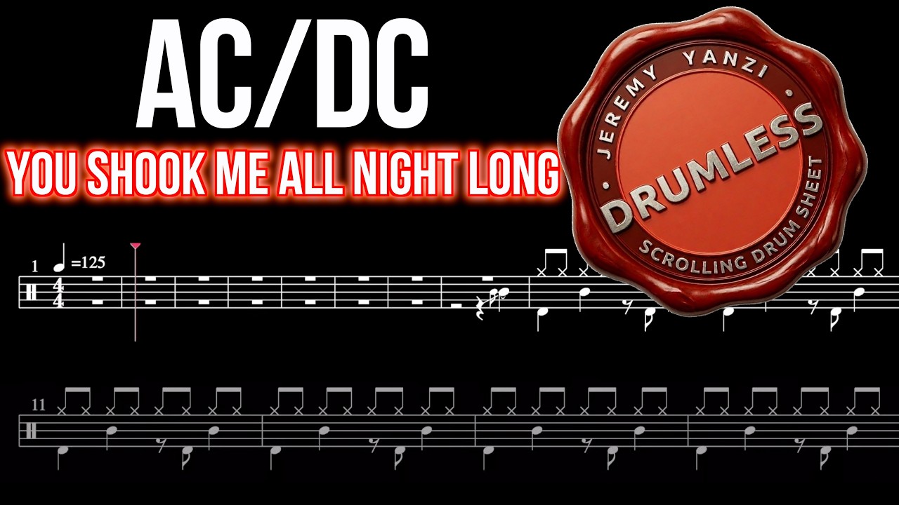 AC/DC - You Shook Me All Night Long - Drumless (with scrolling drum score)