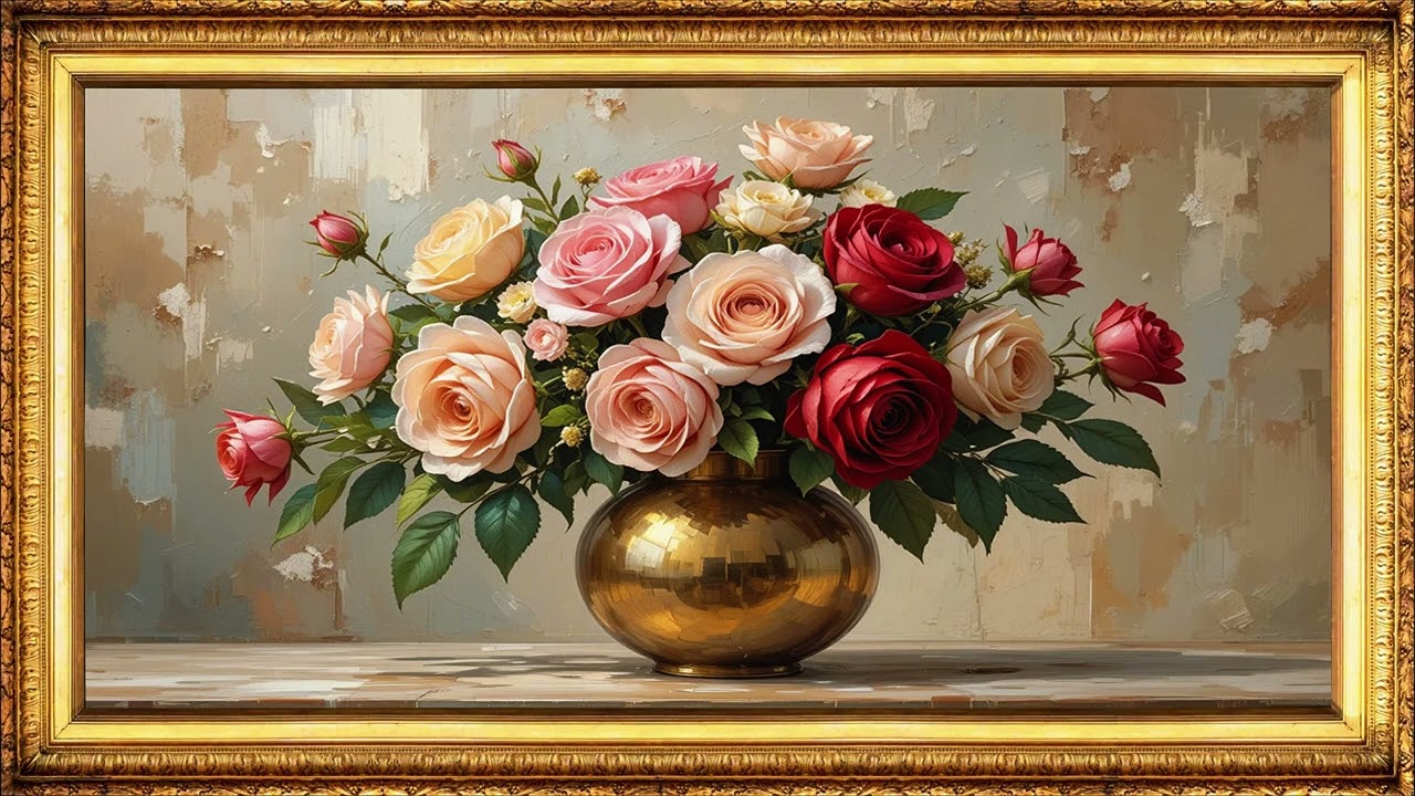 Mixed Rose Bouquet | Gold Frame Floral TV Art | 4K Luxury Vase Screensaver | Elegant Flower Video