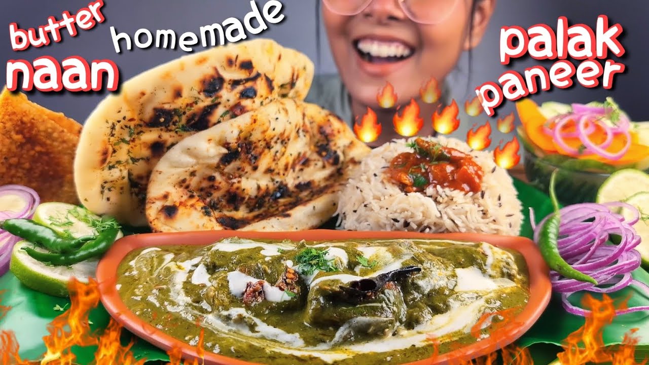 COOKING & EATING RESTAURANT STYLE BUTTER NAAN WITH CREAMY PALAK PANNER, JEERA RICE & ACCHAR MUKBANG