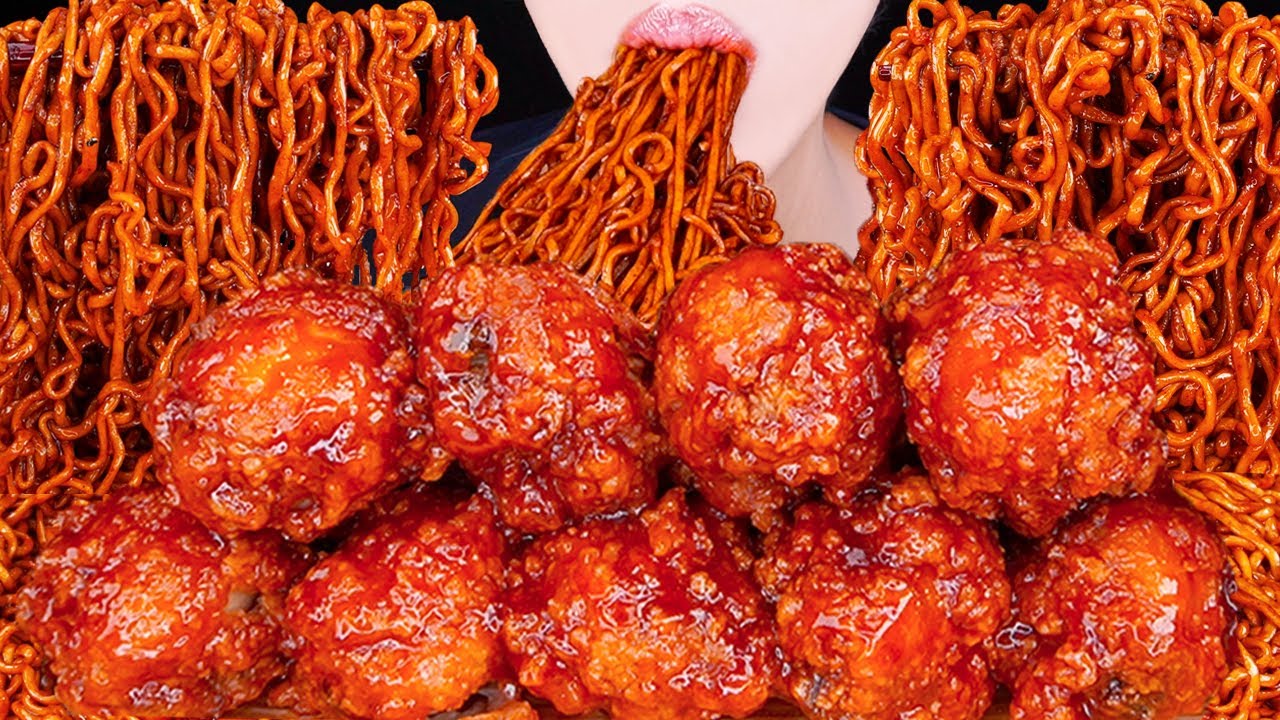 ASMR BBQ FRIED CHICKEN SPICY BLACK BEAN FIRE NOODLES COOKING MUKBANG 양념치킨 먹방 チキン 咀嚼音 EATING SOUNDS