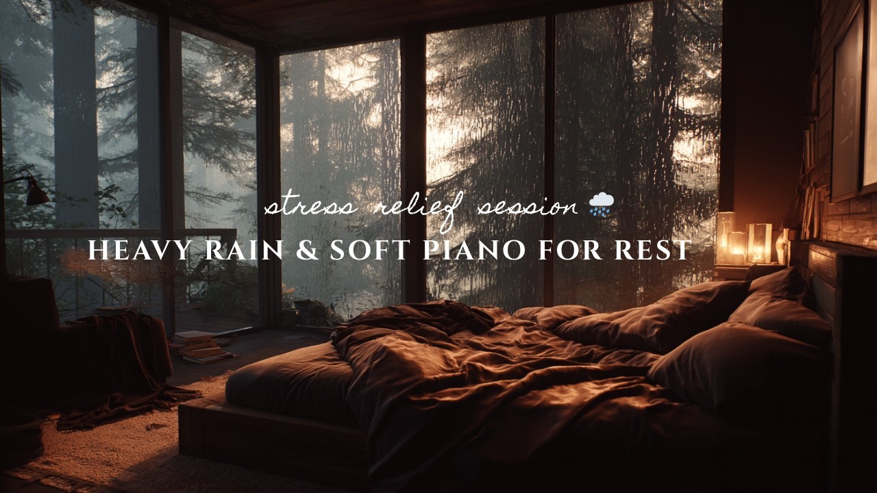 Stress Relief Session | Heavy Rain & Soft Piano for Rest