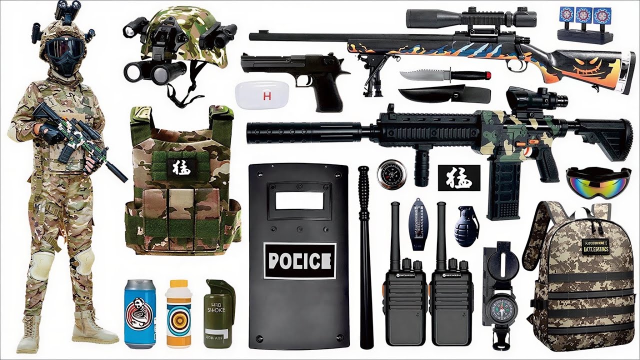 Special police weapon toy set unboxing I SCAR assault rifle, carbine M2 rifle, Glock pistol, bomb