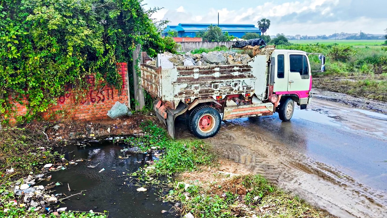 Starting A New Project!! Filling Land By Dump Truck Unloading Stone With  Komat'su D20P Dozer