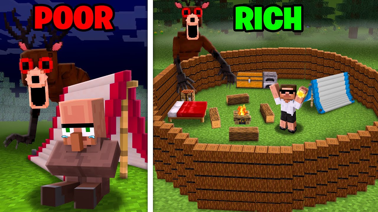 Carry vs Doorbin: POOR vs RICH 99 Nights In The Forest Build Battle in Minecraft