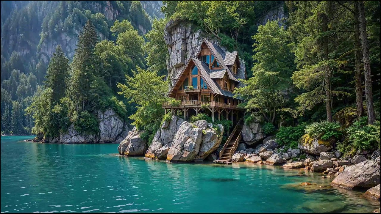 Serene Cliffside Cabin by a Turquoise Lake | Cinematic Nature Ambience for Deep Relaxation