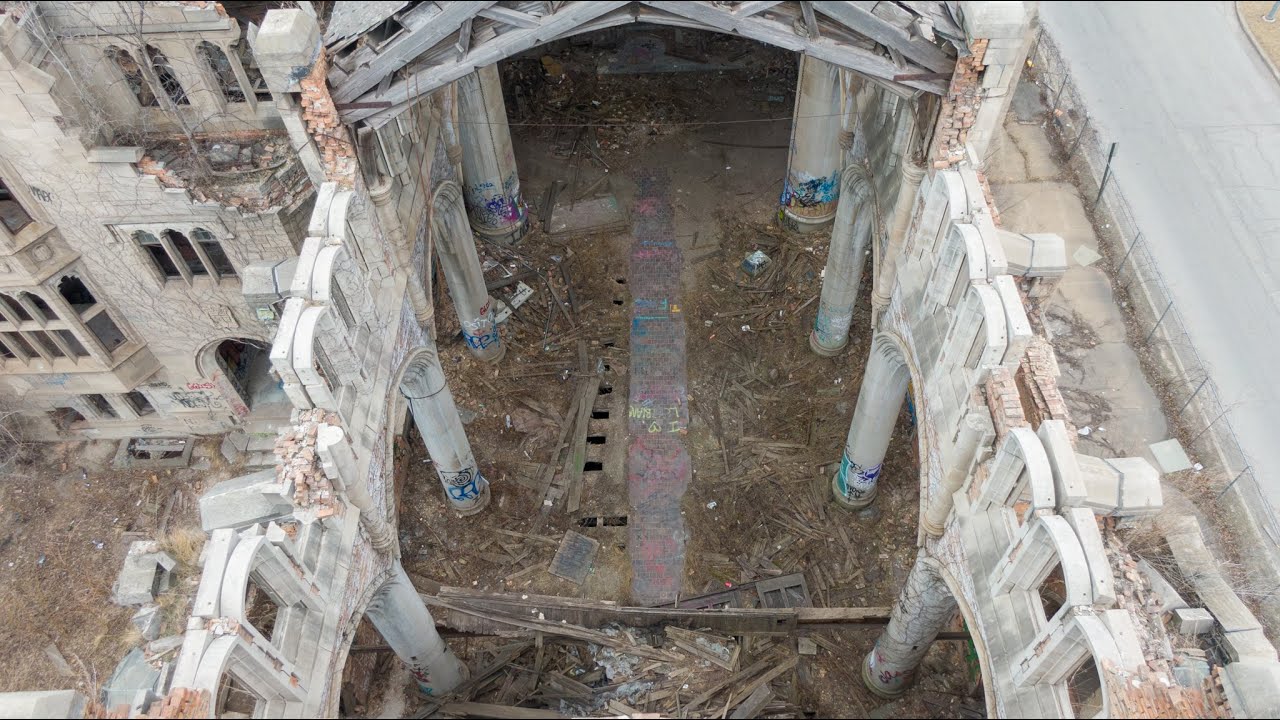 Flying In Abandoned City Methodist Church Gary Indiana 4K Drone Footage