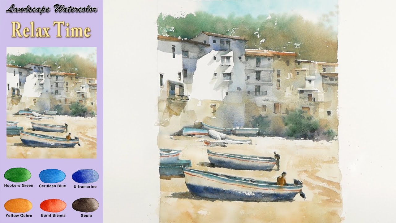 Без эскиза Пейзажная акварель - Время отдохнуть (wet-in-wet, Arches rough) NAMIL ART